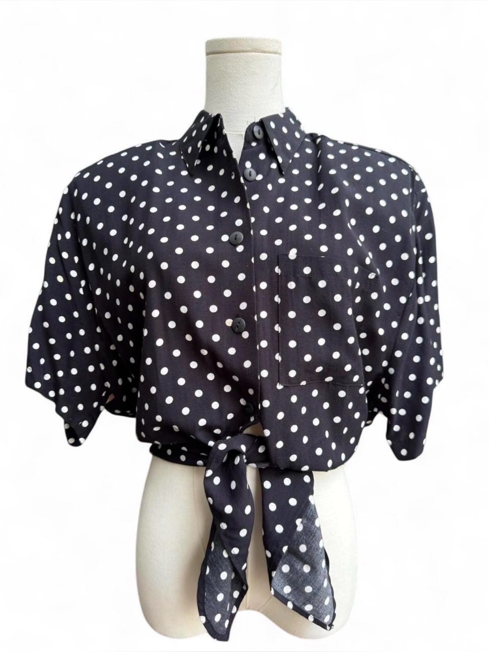 Vintage CLIO Black Polka Dot Tie Front Blouse | Retro Oversized Top